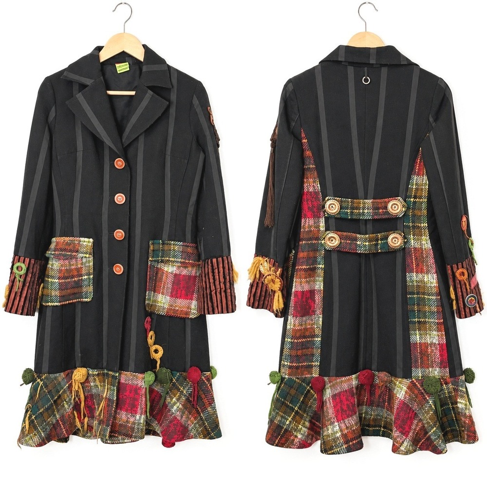 Save The Queen Patchwork Plaid Wool Blend Coat Small Whimsigoth Art to Wear Boho